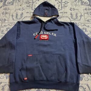 VTG Y2K Ecko UNLTD. Navy Blue and Red Graphic Hoodie SZ BOXY XL